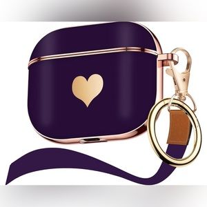 Dark Purple with Gold Heart Pattern & Lanyard Shockproof Case for AirPods